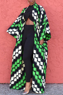White Green Casual Street Print Patchwork Cardigan Collar Plus Size Overcoat