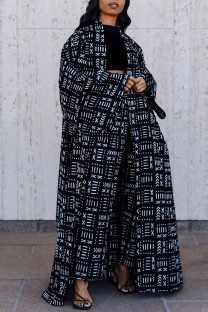 Black Casual Street Print Patchwork Cardigan Collar Plus Size Overcoat