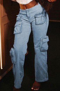 Blue Casual Solid Patchwork Low Waist Denim Jeans