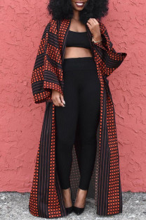 Red Casual Street Print Patchwork Cardigan Collar Plus Size Overcoat