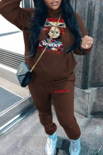 Brown Casual Print Letter Hooded Collar Long Sleeve Two Pieces
