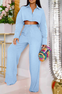Blue Casual Solid Patchwork Draw String Buckle Shirt Collar Long Sleeve Two Pieces