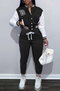 Black Casual Print Letter Mandarin Collar Long Sleeve Two Pieces