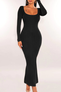 Black Elegant Solid Patchwork Slit U Neck Long Sleeve Dresses