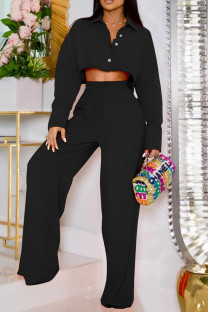 Black Casual Solid Patchwork Draw String Buckle Shirt Collar Long Sleeve Two Pieces