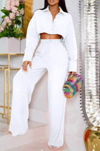 White Casual Solid Patchwork Draw String Buckle Shirt Collar Long Sleeve Two Pieces