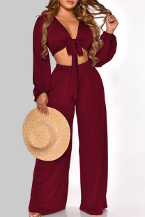 Burgundy Street Solid Bandage Patchwork V Neck Long Sleeve Two Pieces