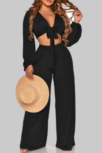 Black Street Solid Bandage Patchwork V Neck Long Sleeve Two Pieces