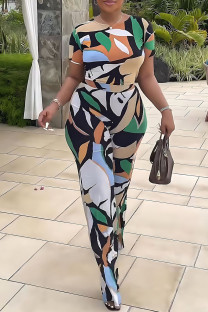 Multicolor Elegant Print Patchwork O Neck Short Sleeve Two Pieces