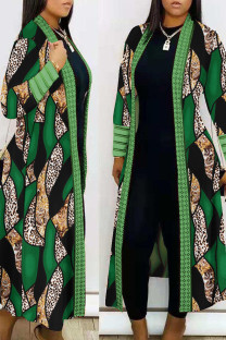 Green Casual Print Patchwork Cardigan Collar Plus Size Overcoat