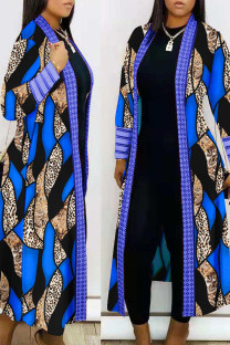 Blue Casual Print Patchwork Cardigan Collar Plus Size Overcoat