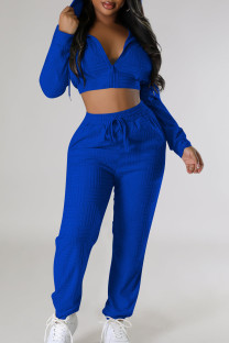 Blue Street Solid Patchwork Draw String Pocket Zipper Hooded Collar Long Sleeve Two Pieces