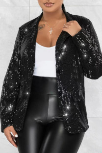 Black Celebrities Solid Sequins Patchwork Turn-back Collar Outerwear
