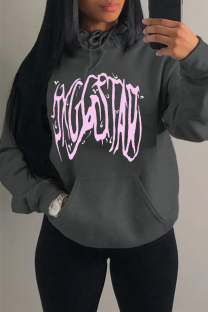 Dark Gray Casual Daily Print Draw String Hooded Collar Tops