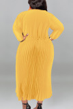 Blue Casual Street Solid Patchwork Draw String Zipper Pleated O Neck Long Sleeve Plus Size Dresses