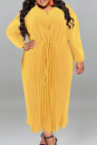 Black Casual Street Solid Patchwork Draw String Zipper Pleated O Neck Long Sleeve Plus Size Dresses