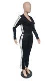 Black Casual Striped Patchwork Contrast Hooded Collar Long Sleeve Two Pieces