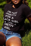 Black Casual Letter Patchwork O Neck T-Shirts
