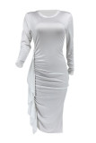 White Casual Solid Patchwork Fold O Neck Long Sleeve Dresses