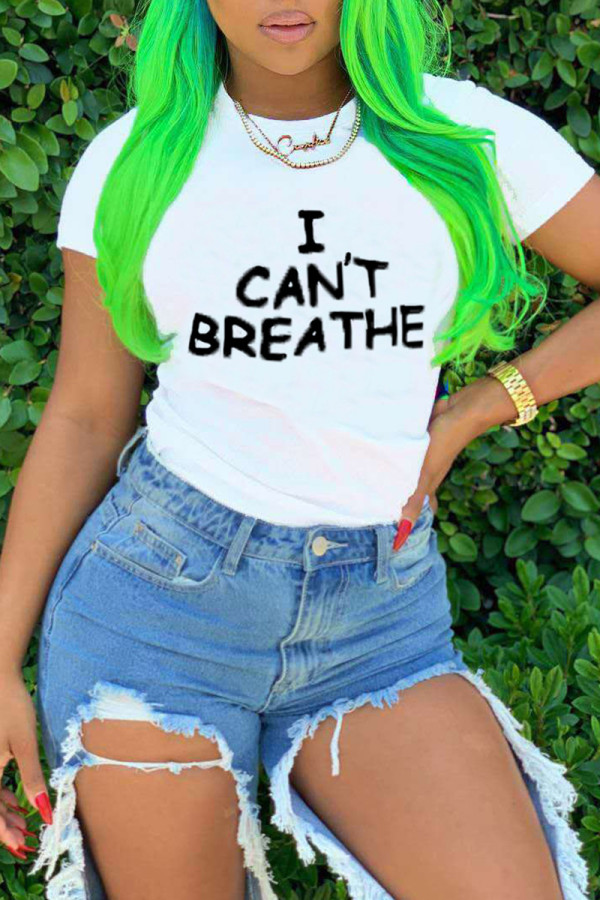 White Fashion Casual Letter Print Basic O Neck T-Shirts
