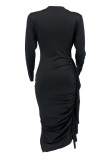Black Casual Solid Patchwork Fold O Neck Long Sleeve Dresses