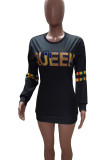 Black Casual Print Patchwork O Neck Dresses