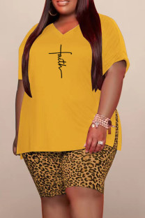 Yellow Casual Print Slit V Neck Plus Size Two Pieces