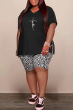 Red Casual Print Slit V Neck Plus Size Two Pieces