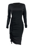 Black Casual Solid Patchwork Fold O Neck Long Sleeve Dresses