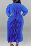 Black Casual Street Solid Patchwork Draw String Zipper Pleated O Neck Long Sleeve Plus Size Dresses