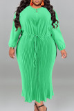 Grass Green Casual Street Solid Patchwork Draw String Zipper Pleated O Neck Long Sleeve Plus Size Dresses