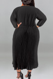 Black Casual Street Solid Patchwork Draw String Zipper Pleated O Neck Long Sleeve Plus Size Dresses
