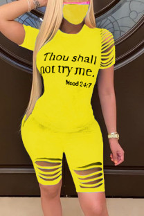 Yellow Casual Print Hollowed Out Patchwork O Neck Short Sleeve Two Pieces