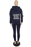 Tibetan Blue Casual Letter Print Basic Hooded Collar Long Sleeve Two Pieces