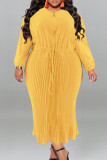 Gold Casual Street Solid Patchwork Draw String Zipper Pleated O Neck Long Sleeve Plus Size Dresses