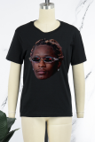 Black Casual Daily Print Patchwork O Neck T-Shirts