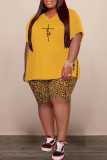Yellow Casual Print Slit V Neck Plus Size Two Pieces