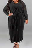 Black Casual Street Solid Patchwork Draw String Zipper Pleated O Neck Long Sleeve Plus Size Dresses