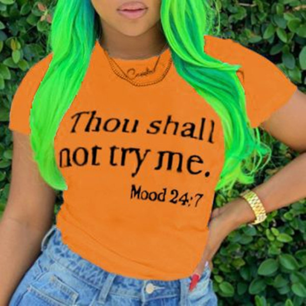 Orange Casual Print Patchwork O Neck T-Shirts