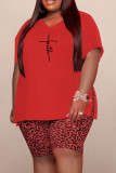 Red Casual Print Slit V Neck Plus Size Two Pieces