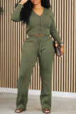 Army Green Casual Solid Patchwork Draw String Buckle V Neck Long Sleeve Two Pieces