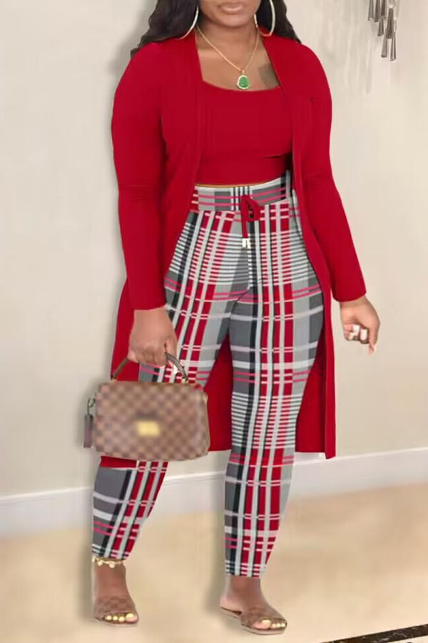 Red Elegant Print Patchwork Draw String O Neck Plus Size Three Pieces