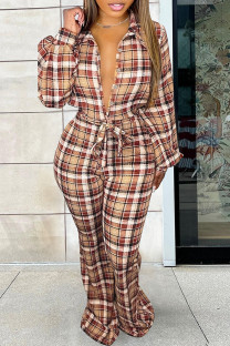 Earth Yellow Street Plaid Bandage Patchwork Buckle Turndown Collar Plus Size Jumpsuits