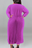 Black Casual Street Solid Patchwork Draw String Zipper Pleated O Neck Long Sleeve Plus Size Dresses