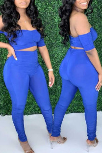 Blue Sexy Solid Patchwork Fold Off the Shoulder Short Sleeve Two Pieces