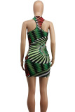 Green Sexy Street Print Hollowed Out Patchwork Backless Halter Printed Dress Dresses