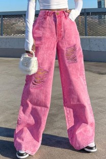 Pink Casual Solid Ripped High Waist Regular Denim Jeans