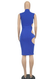 Deep Blue Casual Street Solid Hollowed Out Patchwork Half A Turtleneck Wrapped Skirt Dresses