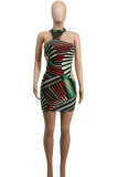 Red Sexy Street Print Hollowed Out Patchwork Backless Halter Printed Dress Dresses