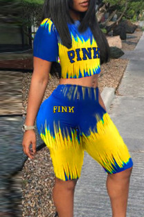 Yellow Casual Street Print Patchwork Tie-dye O Neck Short Sleeve Two Pieces